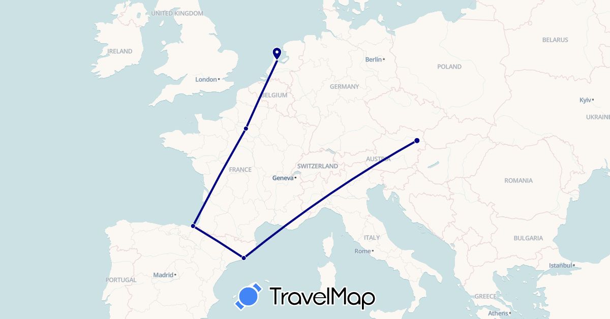 TravelMap itinerary: driving in Austria, Spain, France, Netherlands (Europe)